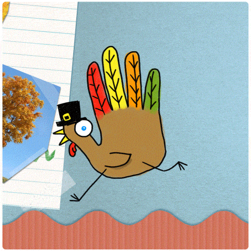 Holiday gif. Colorful, animated hand turkey trots with its stick figure legs through a scrapbook page with pictures of vibrant autumn trees taped onto notebook paper. A wavy, salmon-colored band runs along the bottom of the page and acts as the ground.