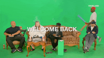 TV gif. Action Bronson, Big Body Bes, The Alchemist, Earl Sweatshirt and Knxwledge in Traveling the Stars: Action Bronson and Friends Watch Ancient Aliens gather in front of a green screen to watch Ancient Aliens. Text reads, "Welcome back."