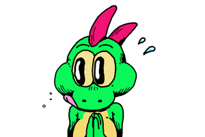 Cartoon gif. Green lizard with pink head spikes waggles eyebrows and rubs hands together while its tongue swings wildly, as drops of sweat fly off his head.