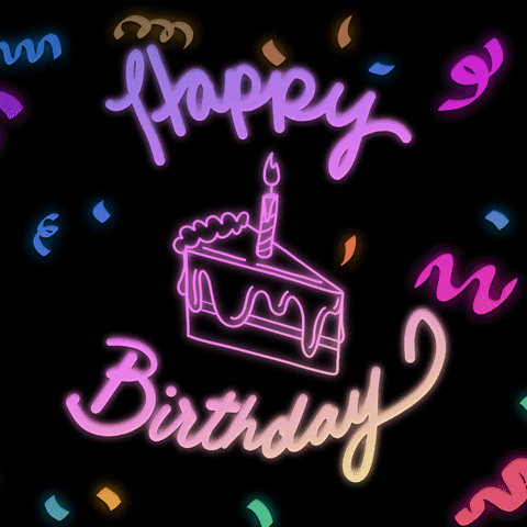 Digital art gif. Moving confetti in the background flash across the screen while a neon outlined birthday cake with dripping frosting sit between the text, "Happy Birthday."
