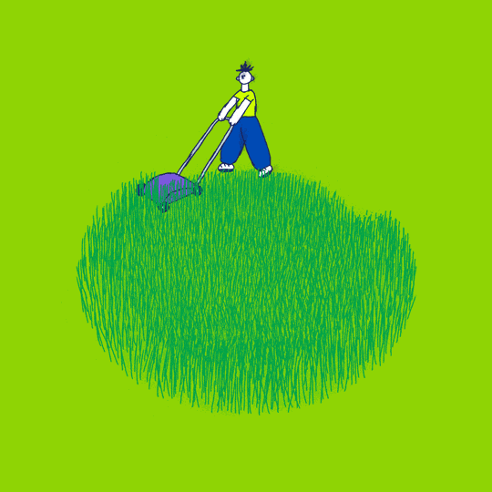 person mowing grass in iterative circles with difficulty as the grass re-grows