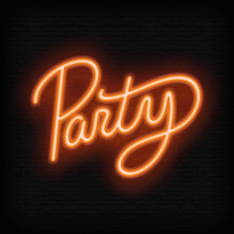 Text gif. Cursive, glowing neon text in alternating shades of purple, pink, and orange, reads "Party."