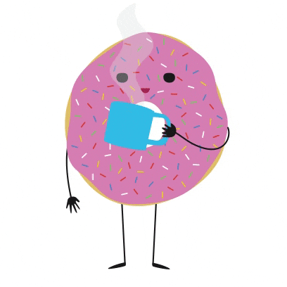 Illustrated gif. A pink frosted sprinkle donut sips from a blue coffee cup.