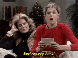 SNL gif. Candice Burgess stares straight at us with furrowed brows and  notecards in her hands. She says loudly, “Boy, Are you dumb!” Gilda Radner sits behind trying to keep her composure and quickly wipes a tear off her cheek. 