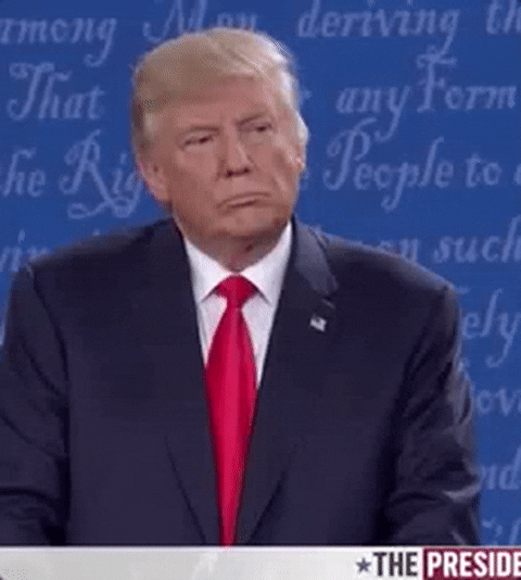 TV gif. Donald Trump during a presidential debate listens with a bored expression on his face. He then spits out a laugh and turns away as if something stupid was said to him.