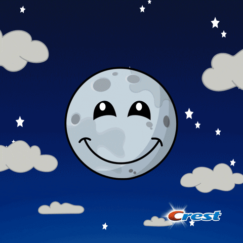 Cartoon gif. A smiley-faced moon transforms into a radiating sun in sunglasses. The sunglasses tip down as the sun winks at us from a cloudy sky. The Crest logo is in the corner. Text, "Good morning."