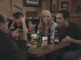 TV gif. Charlie Day as Charlie Kelly in It's Always Sunny in Philadelphia sits at a booth with the rest of The Gang, a bunch of beer bottles scattered across the table. With clenched fists, he screams, "Shut uuuppppp!! Shut up. Oh my god, I don't care!," which appears in capitalized text. Danny DeVito as Frank Reynolds looks offended and taken aback.