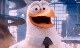 Cartoon gif. Character Junior from Storks gives a heavy lidded cheesy smile at us. 