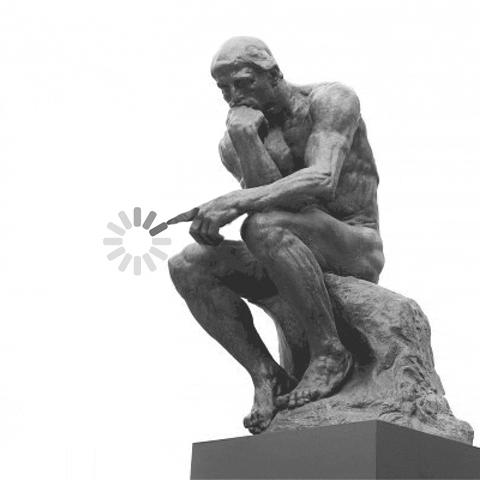 Photo gif. The Thinker statue edited to having his finger move up and down. The loading circle for computers is next to his finger, so it looks like he's controlling the spin. 