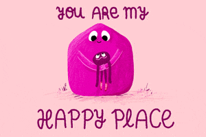 Digital art gif. Two pink blobs huge each other and look deeply into each other's eyes. One is much larger than the other and it carries the smaller blob in its arms. Text, "You are my happy place.