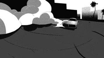 Cartoon gif. A black and white animation of a car doing donuts on pavement in a tropical city. It whips up a cloud of smoke as it circles. 