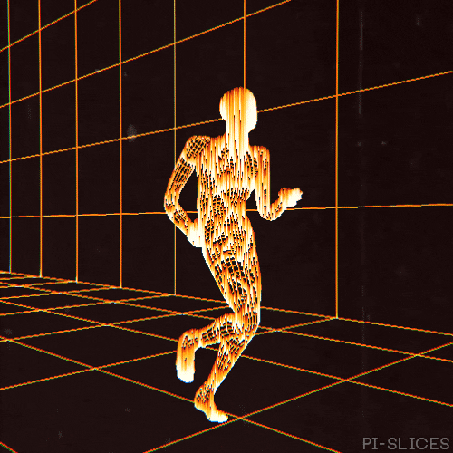 Digital art gif. A human figure simulation running in a gridded matrix.