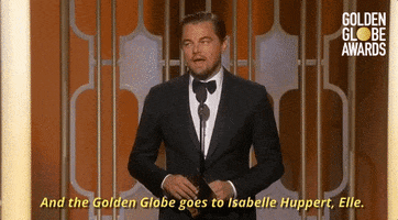 leonardo dicaprio and the golden globe goes to isabelle huppert GIF by Golden Globes