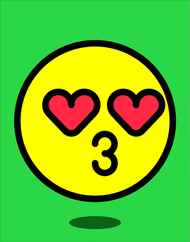 Digital art gif. An emoji with heart eyes makes a kissy face.