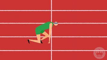 Illustrated gif. A runner gears up and then starts running the track. Text appears, "You did it!"