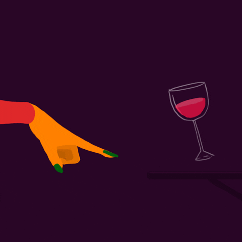 Illustrated gif. A hand with green fingernails points at a full glass of wine gesturing it up and down in the air on loop.