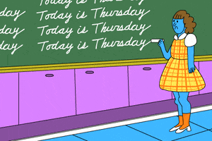 Illustrated gif. A sad-looking girl stands at a chalkboard writing repeated sentences in cursive, "Today is Thursday."