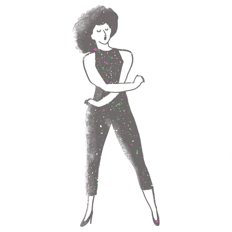 Illustrated gif. Woman dances, moving her arms in and out, and shaking her hips side to side.
