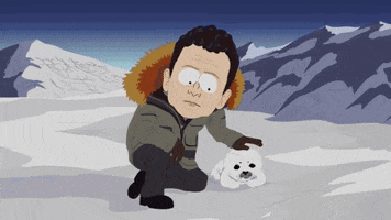 South Park gif. BP CEO Tony Hayward kneels in the snow, wearing a parka and petting a seal, looking at us as he says "We're sorry."