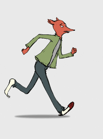 Cartoon gif. An embarrassed fox with a human body runs with one shoe on.