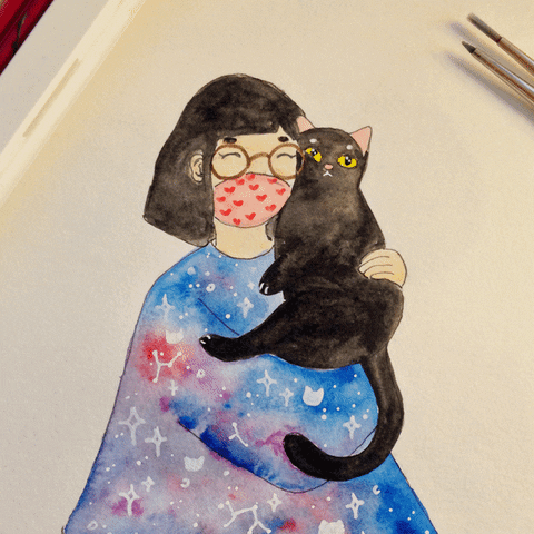Digital art gif. Watercolor painting of a woman wearing a face mask as she hugs a shifty-eyed black cat to her face. Red hearts emerge from their embrace.