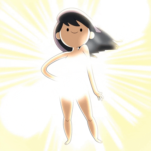 Cartoon gif. Beth Tezuka from Bravest Warriors is standing proudly naked as her hair flies in the wind. A huge ethereal glow emits from her body, shielding her from view.