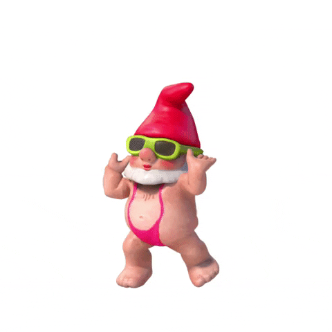 Video gif. Green gnome in sunglasses is grooving and raising their arms in the air, wearing a neon pink one piece thong.