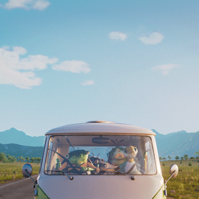 Ad gif. A bunch of bugs are in a van on a road trip and they're dancing in an ad for V Energy. Text, "On my way!"