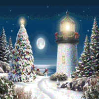 Cartoon gif. We see a snowy winter scene at night, and a large Christmas tree sparkles next to a lighthouse decorated with garlands and ribbons. The moon shines bright in the clear sky over the snow and pine trees. 