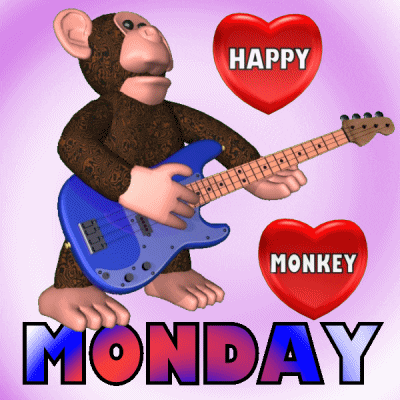 Digital art gif. A monkey rocks back and forth as he plays the guitar. Two hearts spin around that say, “Happy Monkey” on them. Text, “monday.”
