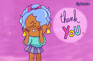 Cartoon gif. Blue-haired girl blushes, eyes closed, holding her face in her hands, against a flowy pink background, next to bubbly text that reads "thank you."