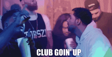 Music video gif. From ILoveMakonnen’s Tuesday video, Drake sings along with others in the club, “Club goin’ up on a Tuesday.”