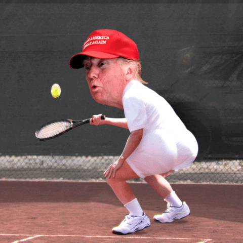 Video gif. With an animated body that is playing tennis while twerking, Donald Trump makes a surprised face.