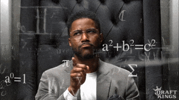 Ad gif. From a DraftKings ad, Nate Burleson ponders something as we see several complicated equations floating around his head. We zoom in on his eyes as he considers, raising his eyebrows.
