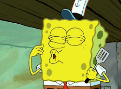 SpongeBob gif. Wearing his Krusty Krab uniform, SpongeBob holds a spatula and blows a kiss.