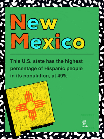 Text gif. The text reads, "New Mexico - This U.S. state has the highest percentage of Hispanic people in its population, at 49%." There's a New Mexico flag displayed below the text.