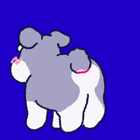 Cartoon gif. A grey and white dog, faces away from us wiggling its butt, and farts out a pink heart.