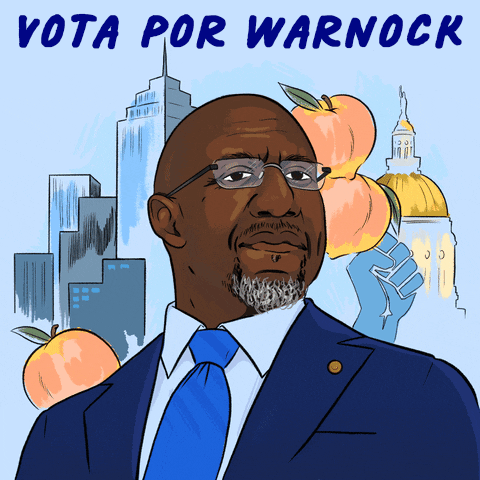Digital art gif. Senator Raphael Warnock backed by the Atlanta skyline, the Georgia state capitol building, a raised fist of solidarity, and watercolor peaches, all on baby blue. Dark blue marker text above, in Spanish, "Vota por Warnock."