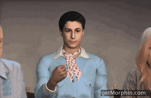 Cartoon gif. A computer generated character that looks kind of like Jason Biggs as Jim in American Pie wears a pink polka dot ascot, and expressionlessly throws gold glitter into the air.