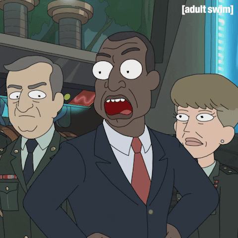 TV gif. On Rick and Morty, the president stands in front of two uniformed officers, looking angry. He points at the ground and yells, “do it!!”