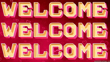 Text gif. The word, "Welcome," is repeated 3 times on a red background. The word gets filled in slowly and the color slowly transfers down to each word, ombré style.
