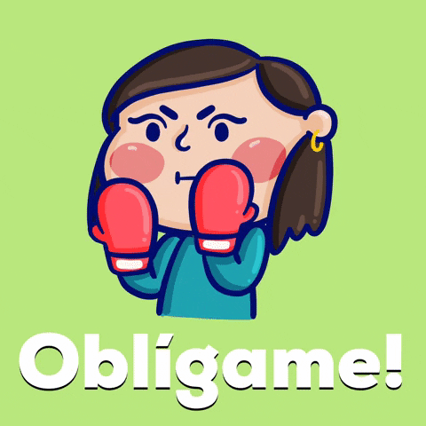 Illustrated gif. Girl furrows her brow as she shadow boxes with red padded gloves on her hands. Text, in Spanish, "Oblígame!"