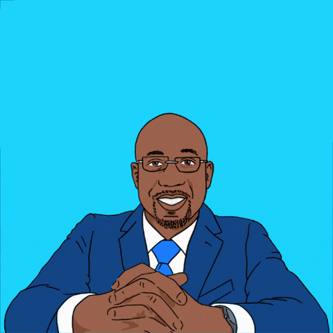 Illustrated gif. Comic-style portrait of Senator Raphael Warnock on an azure blue background, bold block text above. Text, "We, know, the, better, man."