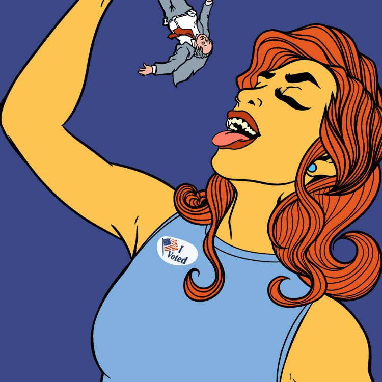 Digital art gif. Red-headed woman wearing an “I Voted” sticker holds a tiny man in a suit by his ankles, and lowers him into her open mouth against a slate blue background. Text, “We will eat the rich.”