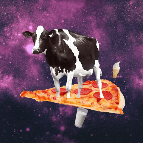 Digital art gif. A dairy cow floats on a giant piece of pepperoni pizza through space as ice cream cones, cheese and glasses of milk stream endlessly past her.
