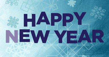 Digital art gif. Light blue snowflakes drift down behind bouncy blue text that says, "Happy New Year."