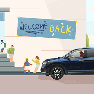Digital art gif. A child stands in front of a school and waves to a woman in a car who drives away beneath a sign that says, "Welcome back." 