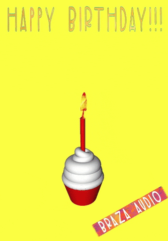 Digital art gif. Against a bright yellow background, a white frosted cupcake sits casually with a singular lit candle sticking out. Suddenly, a gold, animated bear-like figurine bursts out of the cupcake with a bunch of confetti. Text above reads, "Happy Birthday!!!," and a label reading, "Braza Audio" sits in the bottom right corner.