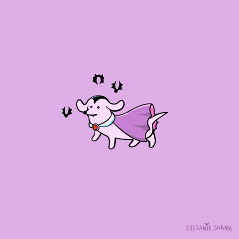 Digital art gif. Cartoon pink vampire Dachshund with vampire fangs, greased-back hair, and wearing a purple cape struts confidently as three small bats fly above.