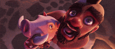 Video game gif. A hog rider in Clash of the Clans holds onto his hog as his eyes bulge and his tongue wags at us.